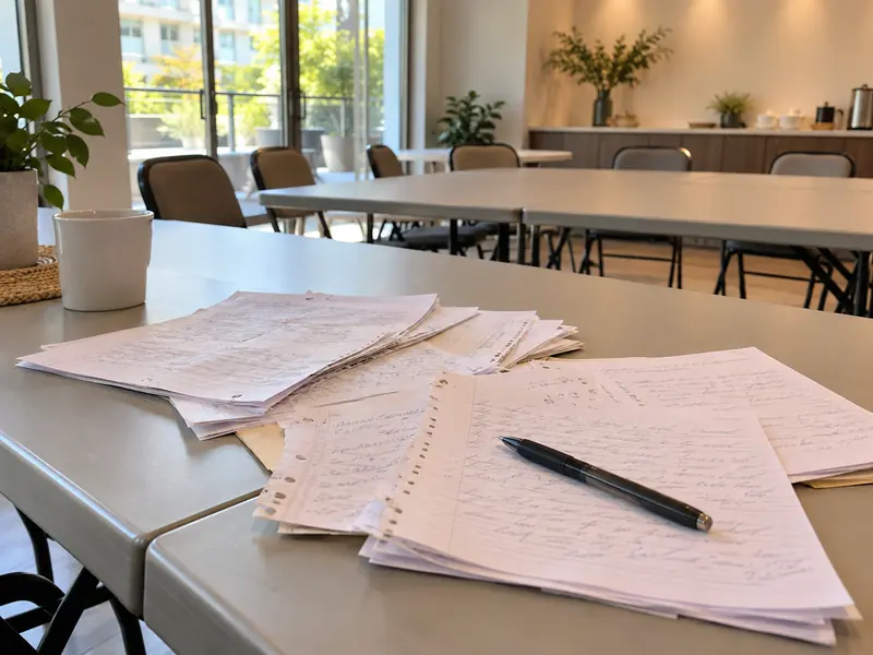 Folhas soltas rabiscadas na mesa do salão de festas preparado pra assembleia. Imagem ilustrativa