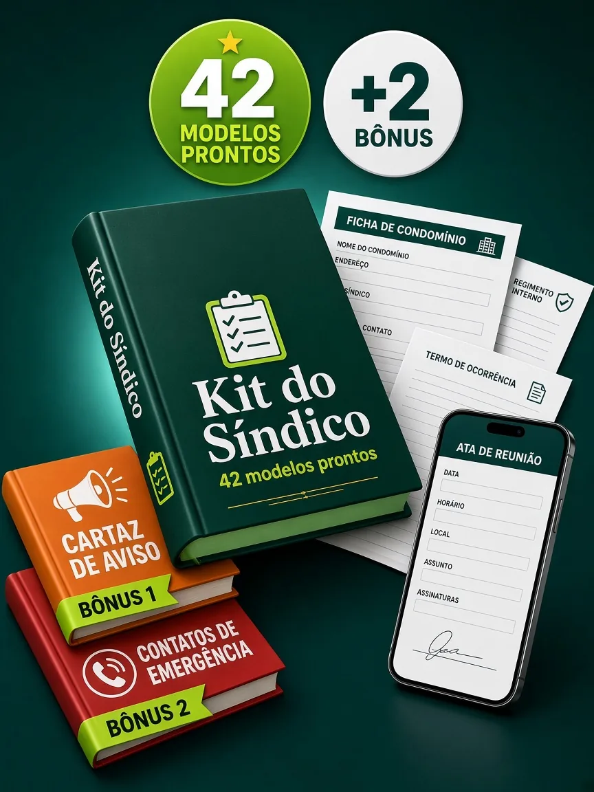 Montagem ilustrativa do Kit do Síndico: livro com a capa do kit, folhas de modelos, celular com uma ata e dois livros de bônus, cartaz de aviso e contatos de emergência