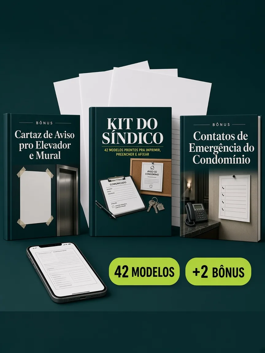 Montagem ilustrativa do Kit do Síndico: livro com a capa, folhas de modelos, celular e capas dos bônus
