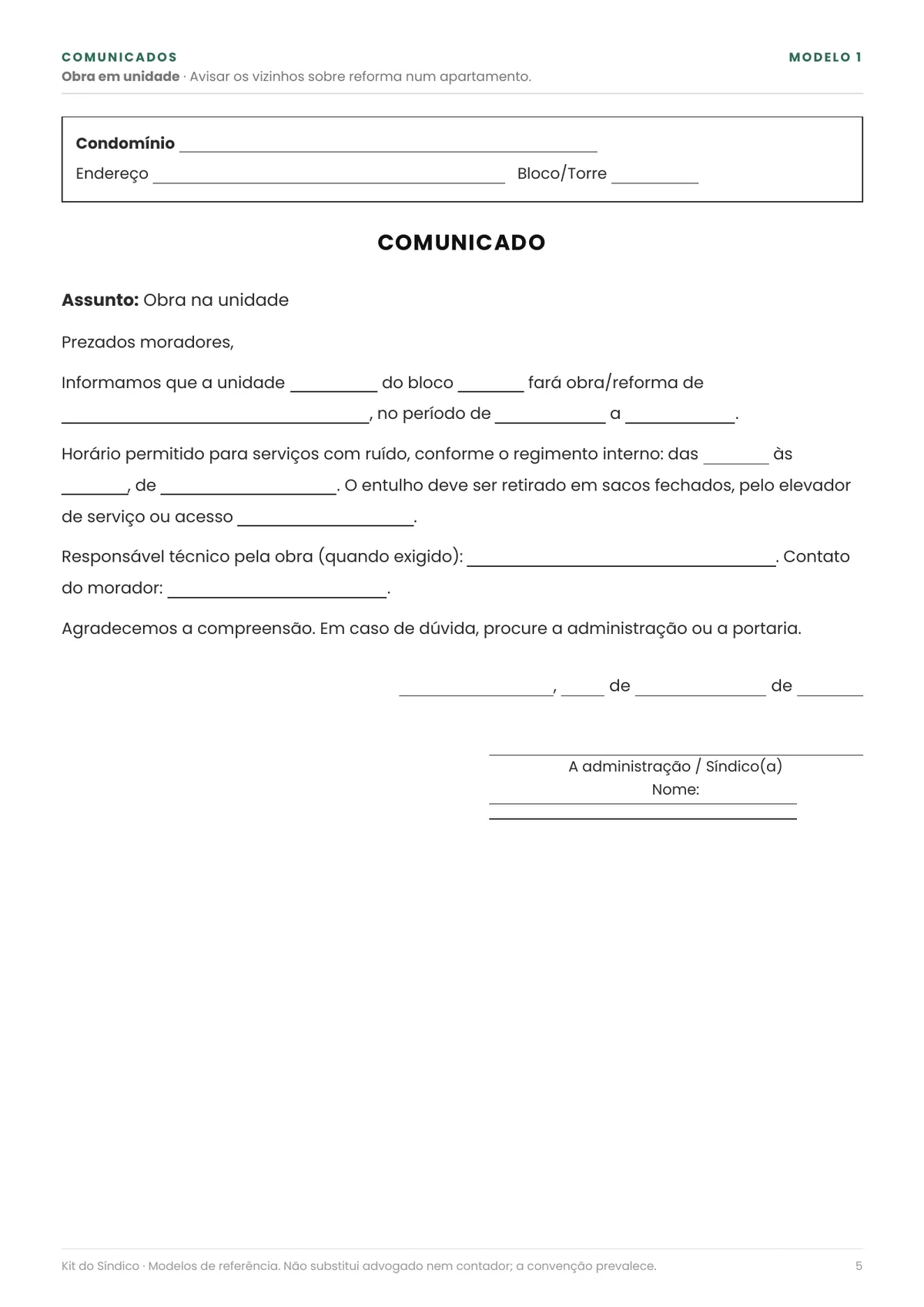 Página real do PDF Kit do Síndico: comunicado de obra
