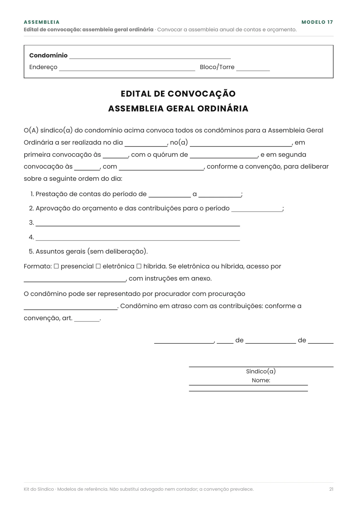 Página real do PDF Kit do Síndico: edital de assembleia