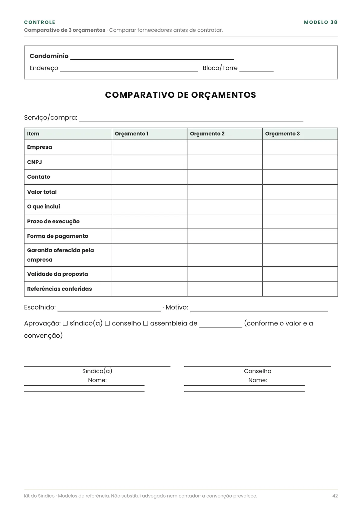 Página real do PDF Kit do Síndico: comparativo de 3 orçamentos